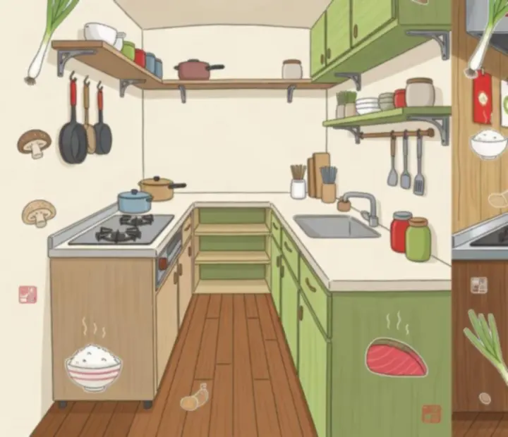 Catalogue visuel d'améliorations du food truck : appareils modernes, étagères optimisées et décoration japonaise.