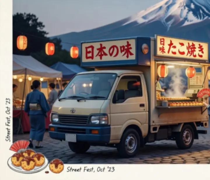Food truck japonais garé près d'un port animé, avec caisses de poissons et lanternes.