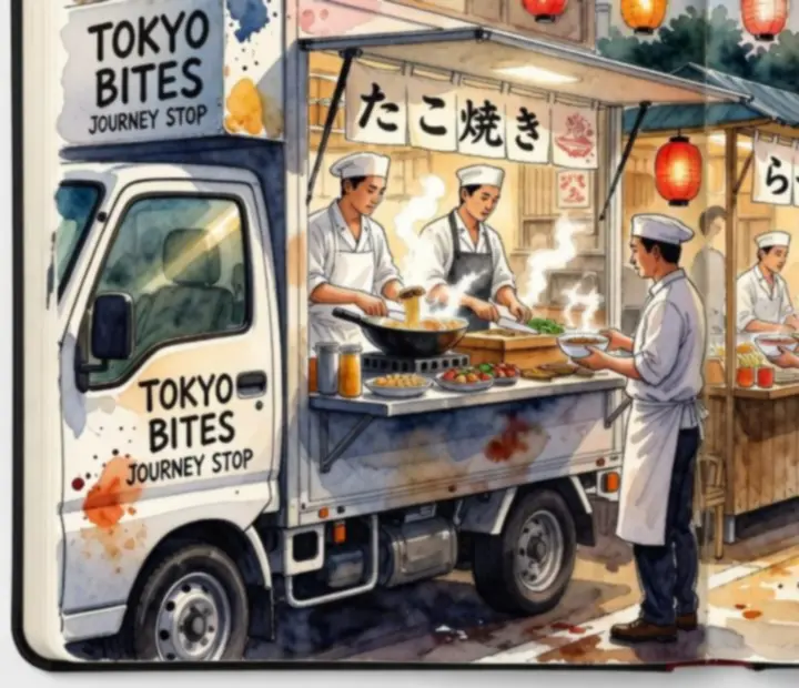 Carnet de voyage illustré présentant des scènes de cuisine japonaise de rue, food trucks et marchés colorés