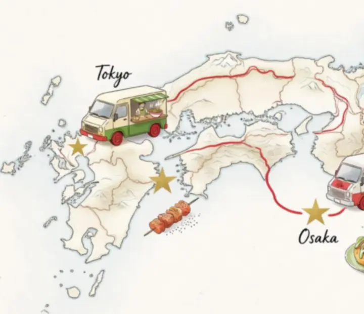 Carte illustrée du championnat international de food truck avec arrêts successifs et trophées