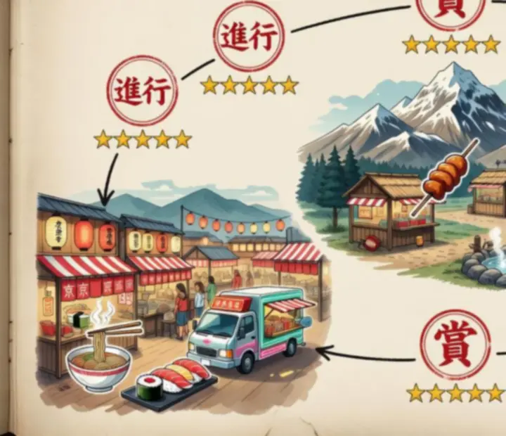 Carte stylisée d'un championnat international de food truck avec étapes, étoiles et arrêts cuisine de rue.