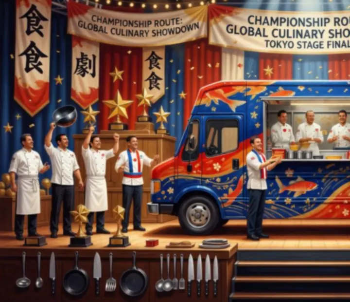 Scène du Championnat International de Food Truck avec un food truck japonais en lumière