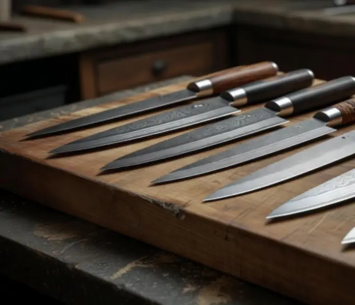 Collection de couteaux de chef japonais alignés sur une planche en bois, illustrant différentes lames.