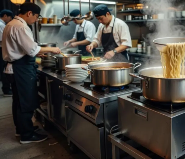 Cuiseur à ramen turbo brillant, rempli de bols fumants prêts à être servis.
