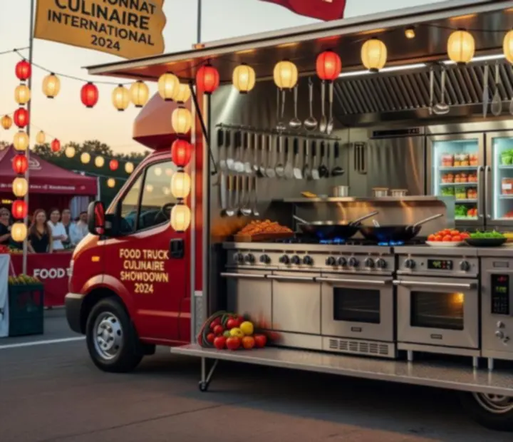 Cuisine mobile de food truck entièrement équipée, prête pour un championnat de cuisine internationale.