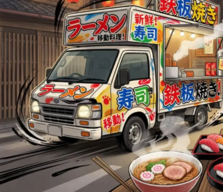 Food truck japonais stylisé arrivant dans une rue animée de Tokyo, entouré de bols de ramen, sushis et lanternes.