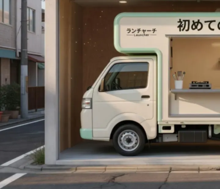 Food truck de départ garé dans un garage inspiré de Tokyo avec son équipement de cuisine de base.