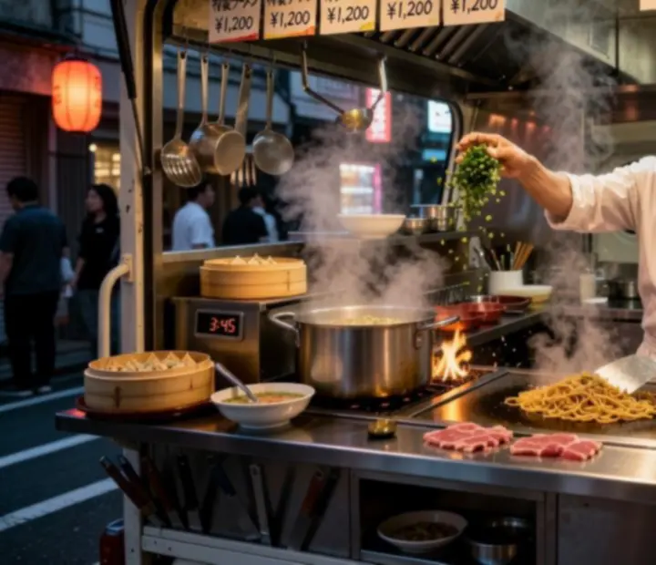 Vue stylisée d'une cuisine de jeu avec minuteurs, plats en préparation et commandes alignées, illustrant la gestion du temps.