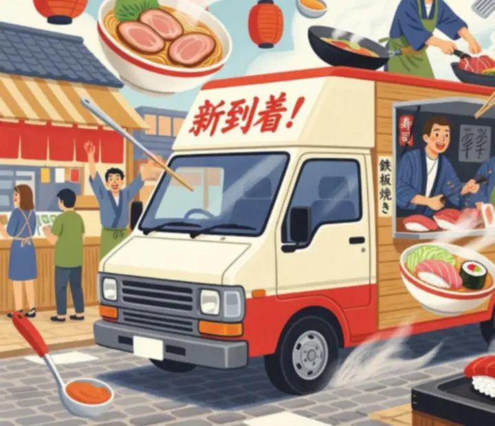 Illustration d’un food truck japonais arrivant dans une rue animée de Tokyo, entouré de bols de ramen, de sushi et d’ustensiles de cuisine
