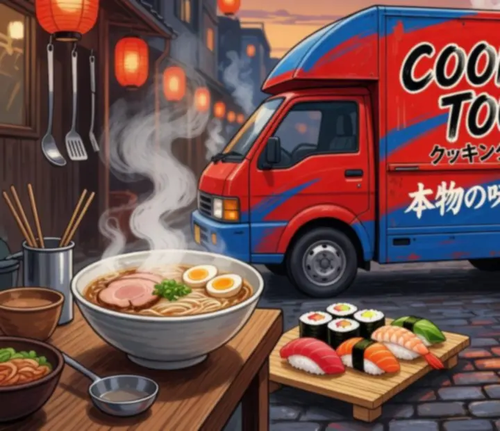 Illustration d'un food truck japonais dans une ruelle animée, entouré de bols de ramen, sushi et ustensiles de cuisine