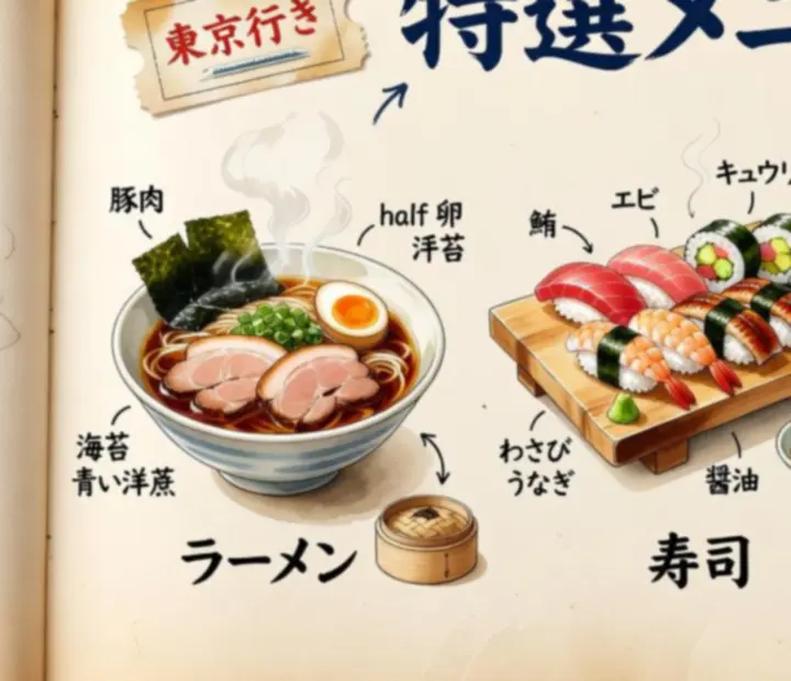 Menu illustré japonais avec dessins d'ingrédients et plats