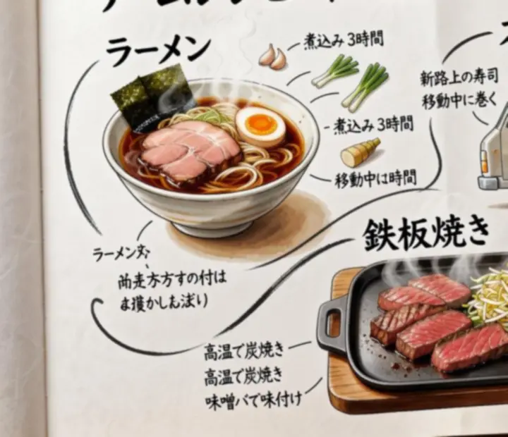 Carte de menu illustrée présentant des recettes japonaises avec ingrédients dessinés et annotations manuscrites