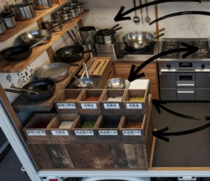 Organisation intérieure d'un food truck de cuisine japonaise avec ustensiles, ingrédients et appareils rangés pour un service rapide.