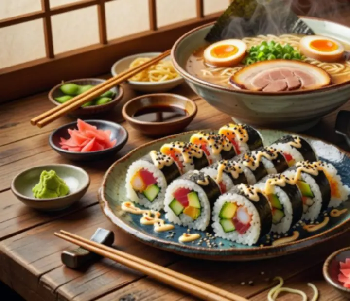 Assortiment de sushi de style food truck et bol de ramen sur fond japonais
