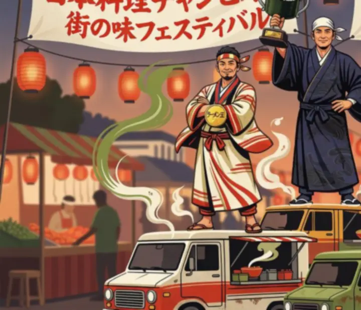 Illustration podium de food truck avec trois chefs japonais portant leurs trophées et étoiles