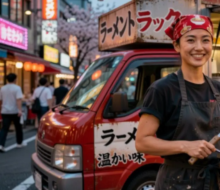 Portrait d'un chef de food truck japonais souriant devant son camion