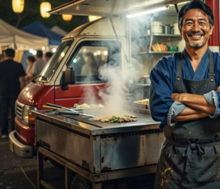 Portrait d'un chef de food truck concentré en train de préparer des sushi