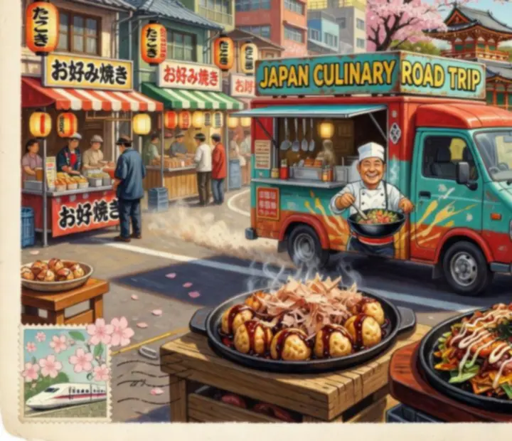 Food truck japonais garé dans une rue animée avec spécialités régionales