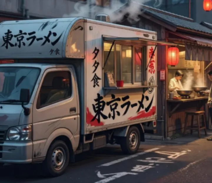 Illustration d'une scène de restaurant de rue japonais dans Cooking Tour