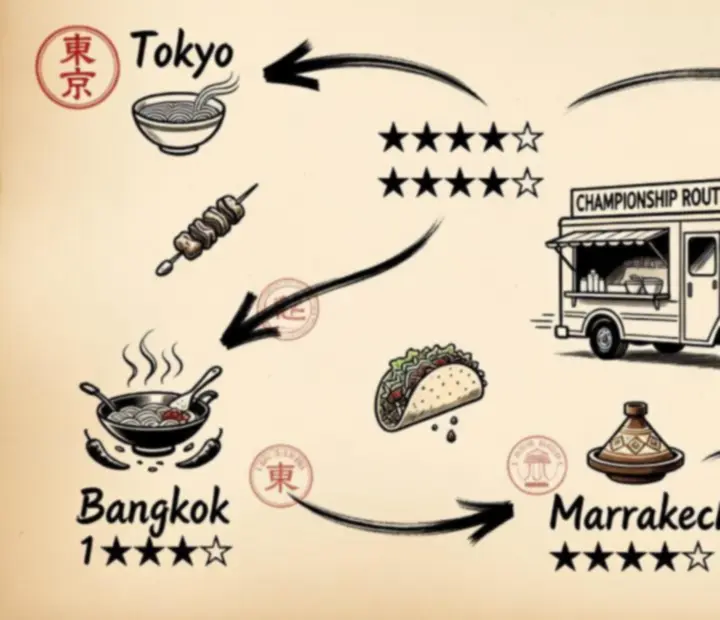 Carte stylisée de la route du Championnat international de food truck avec différentes étapes et étoiles