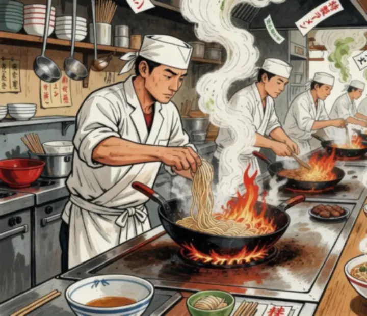 Cuisine de jeu animée en plein rush, avec commandes qui s'empilent
