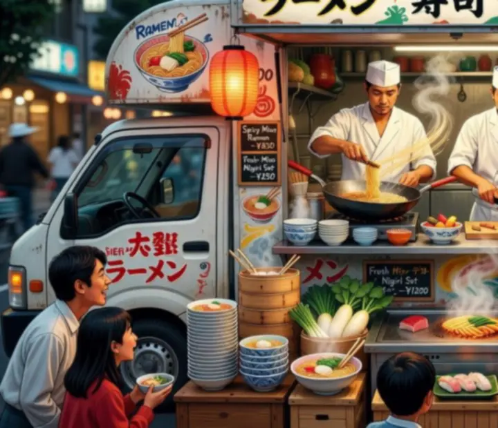 Scène dynamique de food truck japonais en pleine effervescence avec clients, lanternes et plats de rue
