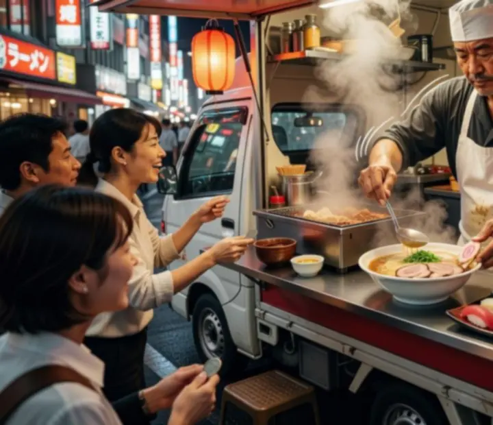 Food truck de cuisine japonaise en service express dans une rue animée de Tokyo, avec commandes et bols de ramen alignés.