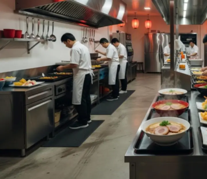 Station de service de food truck avec plusieurs comptoirs et clients en train d'être servis.