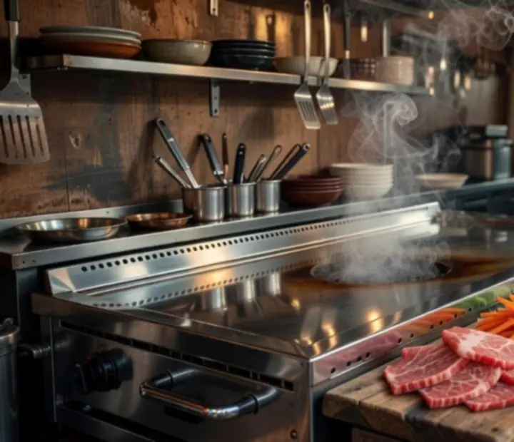Plaque de cuisson teppanyaki avec ingrédients japonais en pleine cuisson, illustrant la dynamique du jeu.