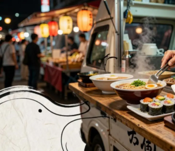 Scène de street-food japonaise autour d'un food truck : bols de ramen, sushi de camion et plaques teppanyaki.
