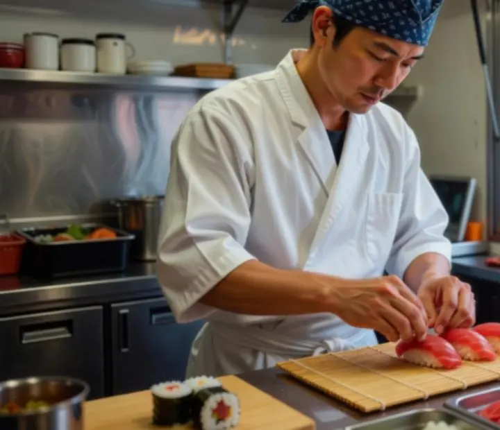 Intérieur d'un food truck sushi minimaliste dans Cooking Tour