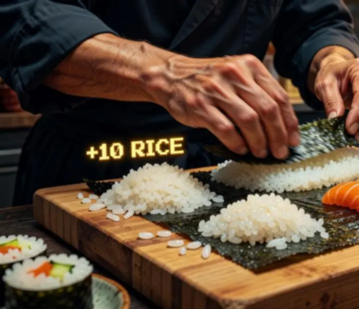 Étapes illustrées d'assemblage d'un sushi de food truck dans le jeu, avec roulage, garniture et dressage rapide.