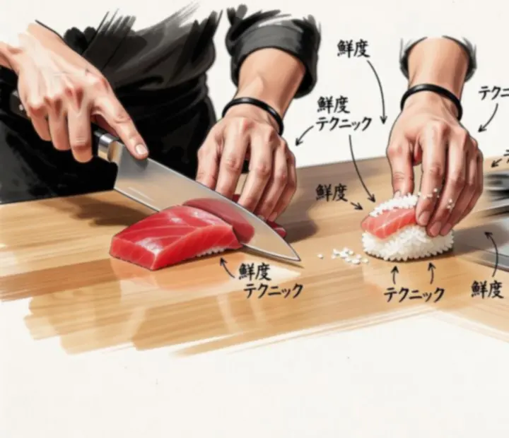 Diagrammes illustrés montrant la découpe du poisson pour les sushi et la cuisson sur plaque teppanyaki
