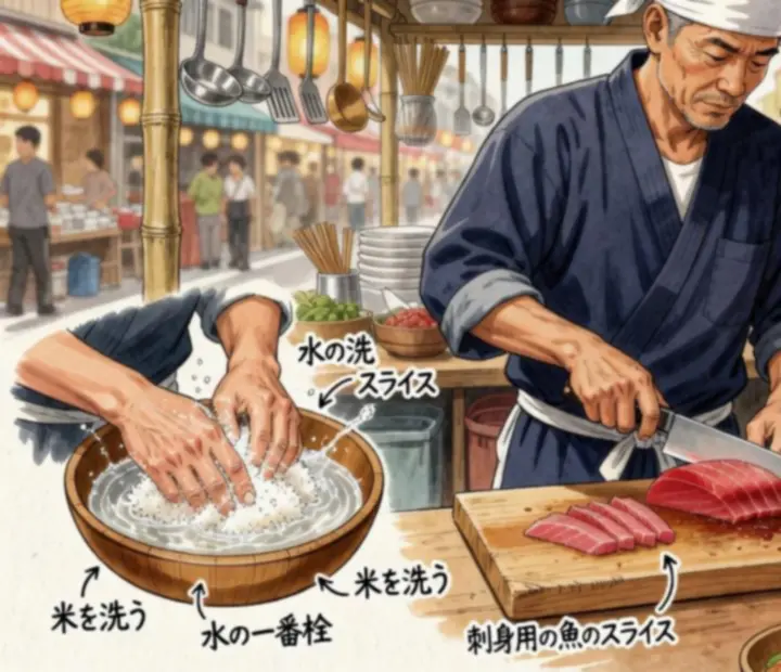 Schéma des gestes de base d'un chef japonais : découpe sashimi, cuisson du riz, maniement du wok dans une cuisine de jeu.