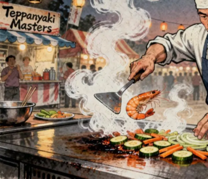 Chef cuisinant sur plancha teppanyaki avec spatule, illustrant la gestion de la chaleur et le sautage des ingrédients.