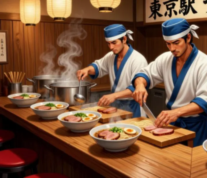 Comptoir de ramen inspiré de Tokyo Station dans le jeu Cooking Tour