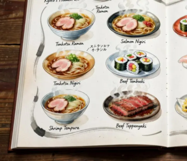 Sélection de plats japonais comme ramen, maki sushi et teppanyaki présentés dans un style éditorial