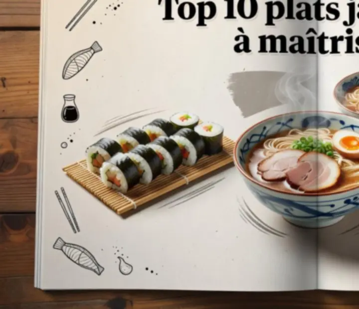 Sélection de plats japonais illustrés : sushi de camion, ramen express et teppanyaki flamboyant présentés comme dans un magazine culinaire.